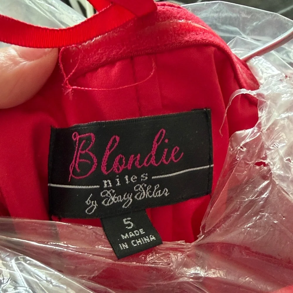 Blondie Nites Red Satin Prom Dress with Crystal Embellishment - Picture 2 of 2